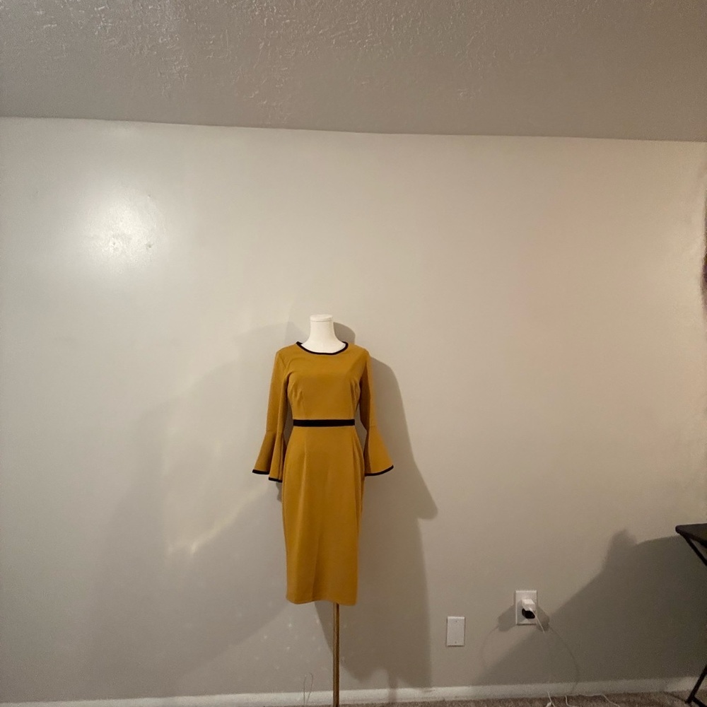 Gold Sheath Dress with Bell Sleeves and Crew Neck